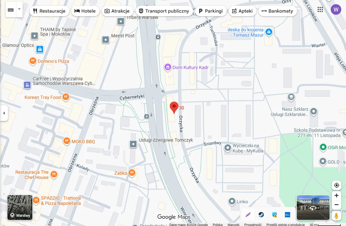 Mapa dojazdu do biura FINREAL przy ul. Wincentego Rzymowskiego 30 w Warszawie
